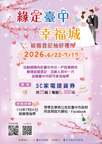 「緣定臺中幸福城」設籍臺中結婚登記抽好禮!